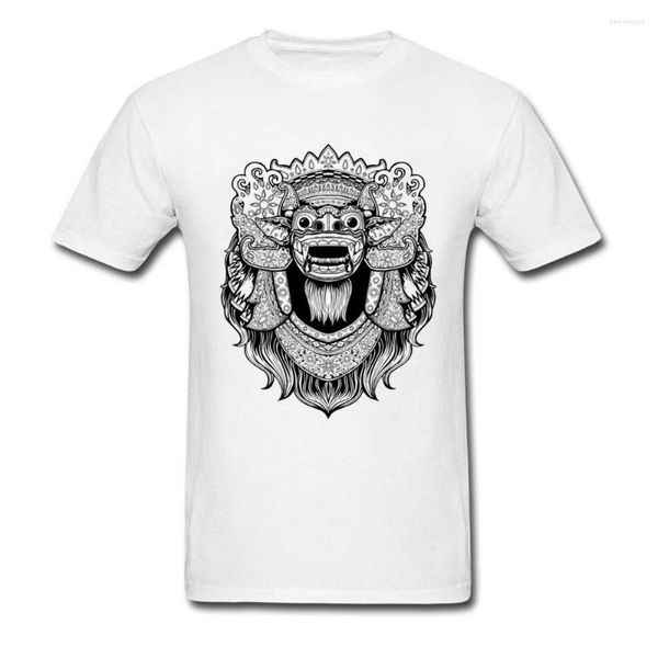 Camisetas masculinas 2023 Manga curta T-shirt Indonésia Mitologia Barong Black White Cotton Top camiseta O-pescoço Cool Lion Lion Print Print