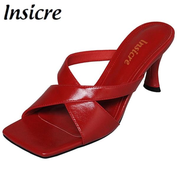 Sandals Insicre Runway Women High Leels Slippers Slippers Square Genuine Square Apen Toe Cruz Slip On Wedding Party Shoes Red Red