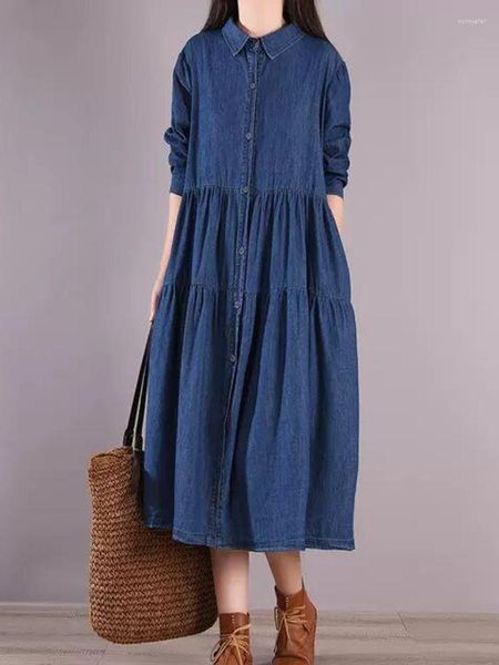 Casual Kleider Frühling Damen Langarm Lose Hemd Kragen Große Schaukel Rock Denim Kleid Koreanische Mode Übergroßen Elegante Robe