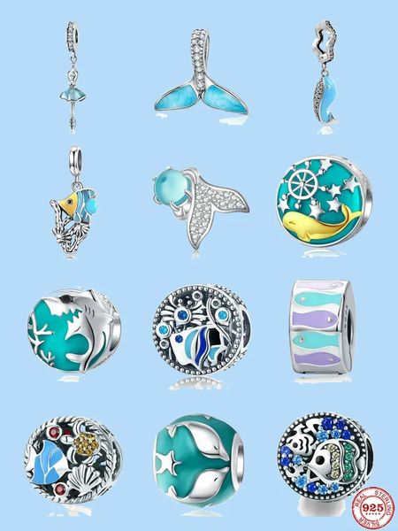 Ciondoli in argento sterling 925 per perline di gioielli Pandora Dangle Summer Ocean Dolphin Beauty Fish Perline fai da te