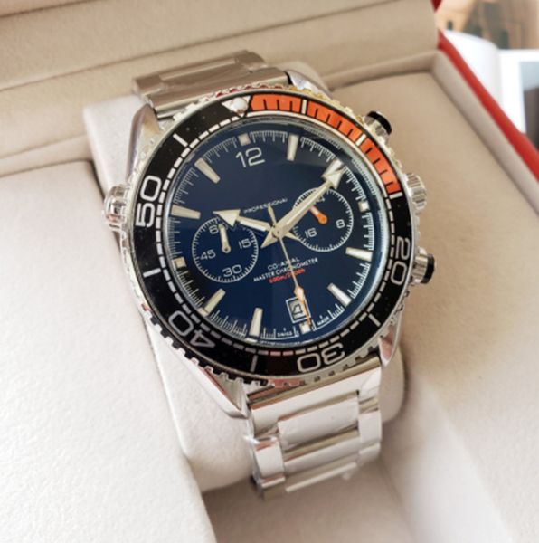 Novo relógio masculino de alta qualidade Quartz Movimento Cronógrafo Planet Ocean co-axial Five Hands Designer Aço inoxidável Limite de bateria