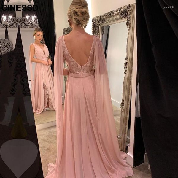 Partykleider Erröten Rosa Abend 2023 V-Ausschnitt Cape Abendkleid Formelles Chiffon Spitze Seitlich geteiltes rückenfreies arabisches Kleid