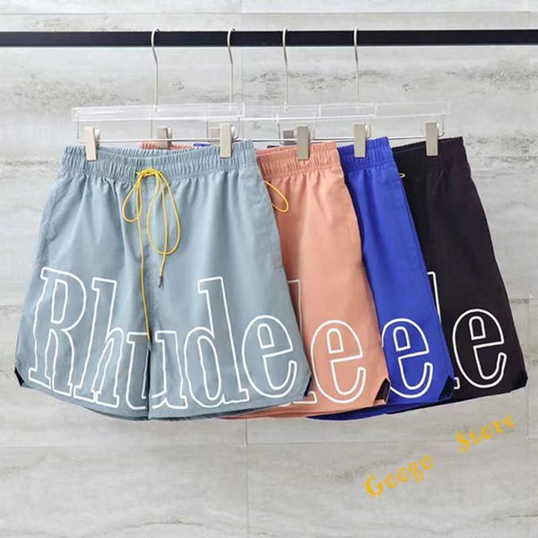 Shorts masculino feminino malha casual clássico grande impressão rhude shorts streetwear rosa verde azul cordão rhude calças com tags eze9