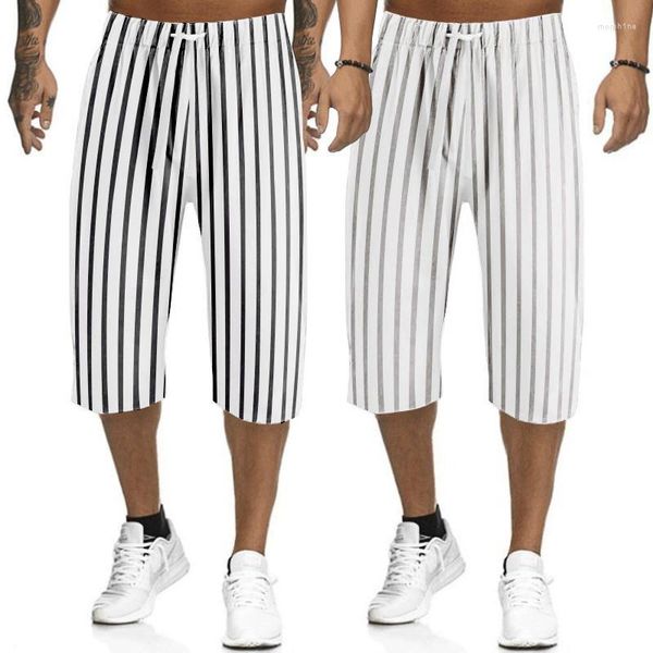 Calça masculina tamanho asiático homem moda sete pontos calças capri 2023 homens de verão listrados impressos esportes soltos straight casual