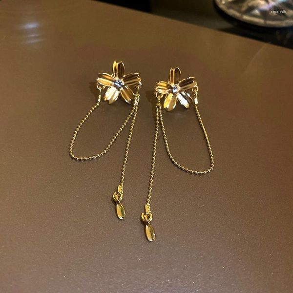 Brincos de berros na moda 14k Real Gold Bating Chain Tassel Drop For Women Girl Korean Fashion Jewelry S925 Silver Needle Zircon