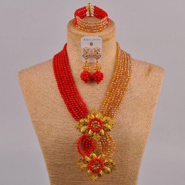 Halskette-Ohrringe-Set, zarter, bezaubernder Perlenschmuck, undurchsichtiges Rot, Champagner-Gold, AB, nigerianische Hochzeit, afrikanische Perlen, 6 CHLE-Ohrringe