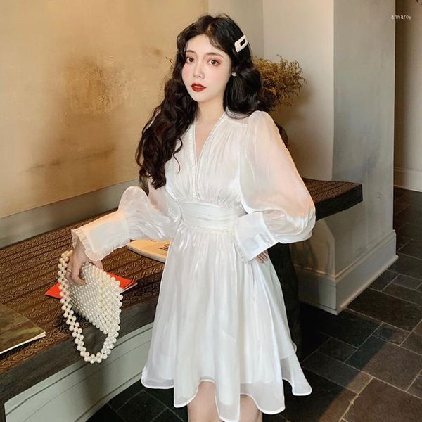 Sıradan elbiseler Kore Mizaç Tatlı Yaz İnce Mini Beyaz V Boyun Puflu Kol Elbise Kadınlar Vestido Feminino Parlak Şeffaf