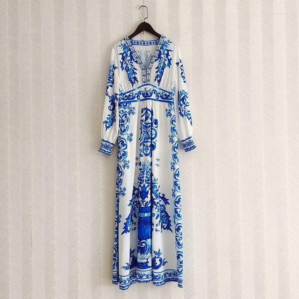 Vestidos casuais pista de porcelana azul padrão de shiestone bading vúclos maxi mangas compridas elegantes vestido de bainha b346