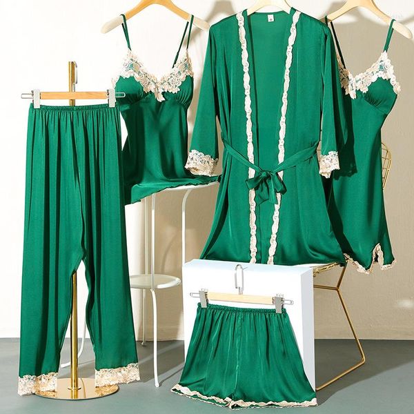 Kadın pijama yeşil 2023 pijama seti 5pcs bayan kimono robe elbise elbise bahar yaz bornoz nightwear seksi dantel samimi iç çamaşırı
