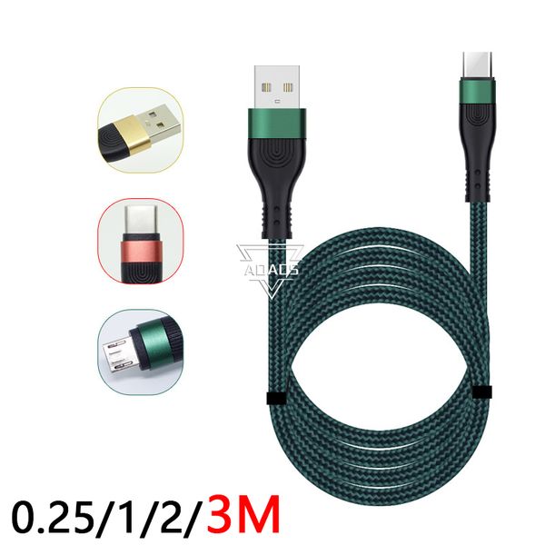 3m/10ft 3a Hızlı Şarj Kabloları Tip C Telefon Veri Kablosu USB Mikro Metal Kabuk Naylon Örgülü Kablo