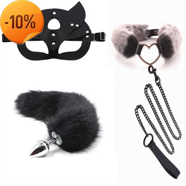 Massaggio Cosplay per adulti Maschera per gli occhi con plug anale in metallo Coda Fetish Erotic Bdsm Slave Bondage Giocattoli sessuali per donne Coppie Accessori esotici