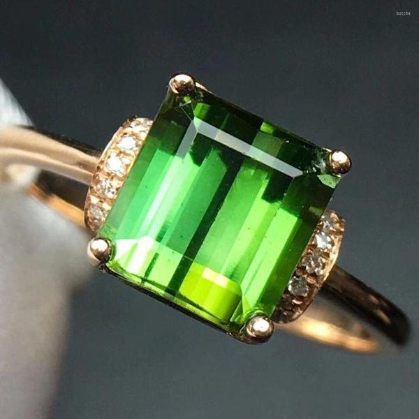 Cluster Rings Fine Jewelry Real Pure 18 K Gold Natural Green Tourmaline Gemstones 2,45CT Diamonds's Wedding Man's