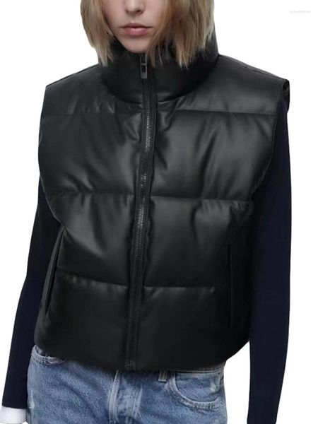 Gilet da donna Gilet da donna in ecopelle PU Gilet imbottito trapuntato Gilet senza maniche con collo a lupetto Zip Up Gilet imbottito invernale Capispalla Top