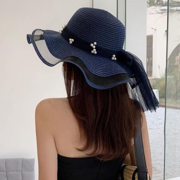 Cappelli a tesa larga da sole per donna cappello di paglia garza comune fiocco nastro grande ombrellone gita moda vacanza al mare