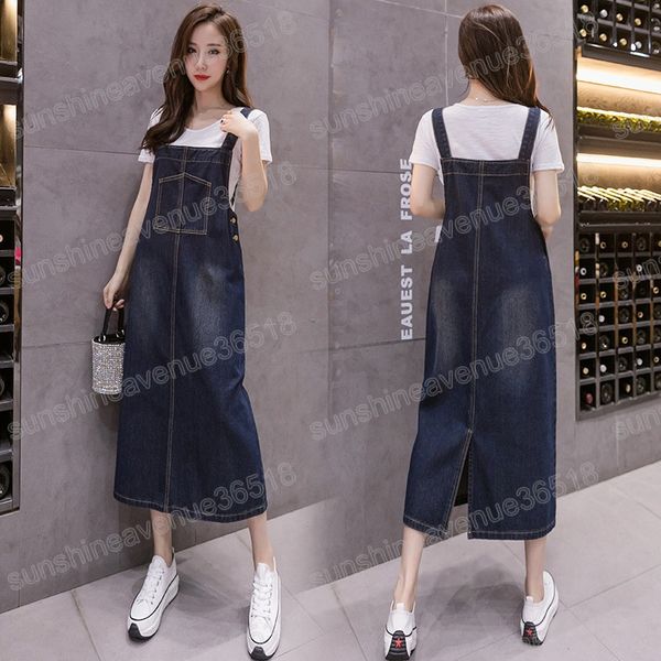 Blau Jeans Kleid Sommer Frauen Mode Seite Taste Denim Overalls Kleid Weibliche Koreanische Lose Hosenträger Midi Kleider Große Größe 5XL