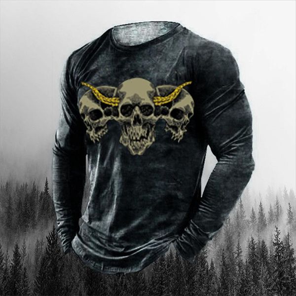 Herren-T-Shirts, T-Shirt, Totenkopf-Druck, Punk-Stil, Frühling, Rundhalsausschnitt, schwarzes Oberteil, dünne Straße, atmungsaktiv, 3D-Übergröße, langärmeliges T-Shirt