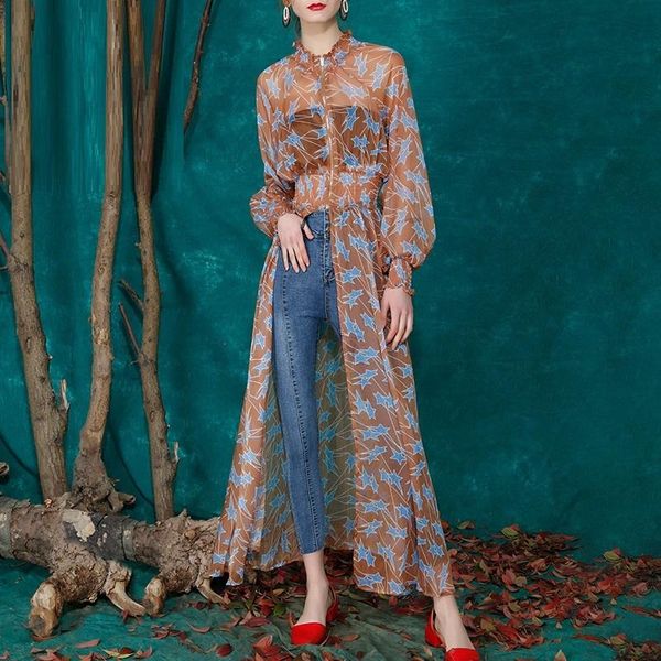 Женские блузкие рубашки Мода Женщина 2023 Summer Spring Boho Kimono Прозрачная шифоновая длинная туника для женщин Robe Vintage Femme DD2542