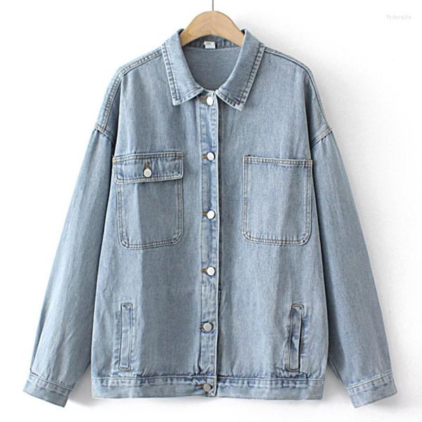 Outerwear Plus Size Jean Jackets für Frauen Kleidung losen Taschenmantel lässige Mantel Langhafte Farbe Langarm hellblau Outwear Herbst 2023