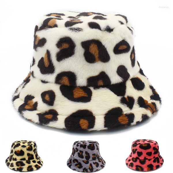 Berets Frau Eimer Hut Leopard Kunstpelz Flauschige Winter Warme Hüte Fishman Luxus Eimer Panama Hiphop Angeln Caps Gebläse