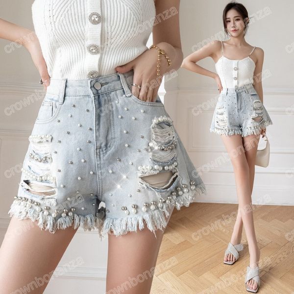 Sexy rasgado calças de brim curtas femininas 2023 verão moda miçangas pérola cintura alta borla denim mulher azul perna larga solta shorts