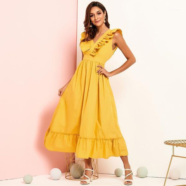 Повседневные платья летнее женское платье 2023 Сплошное желтое v-образное рукавое галстук бабочка с высокой достойной талией
