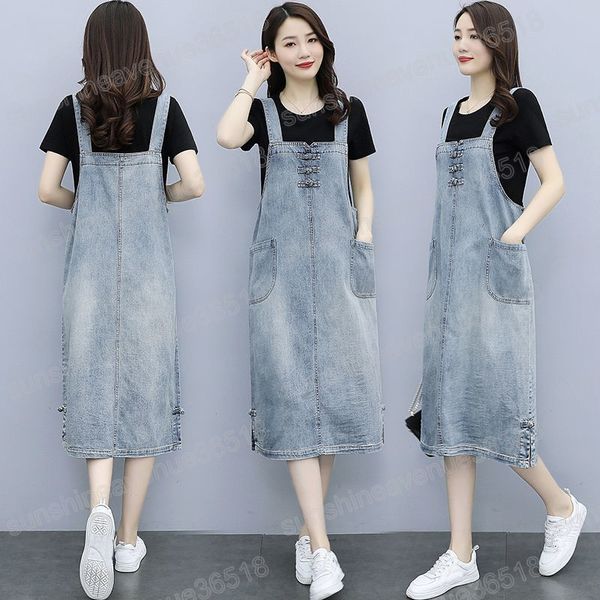 Vestidos de jeans azul escuro vestidos da primavera verão mulheres coreanas suspensórios sem mangas soltos vestido y2k moda grande bolso midi vestido