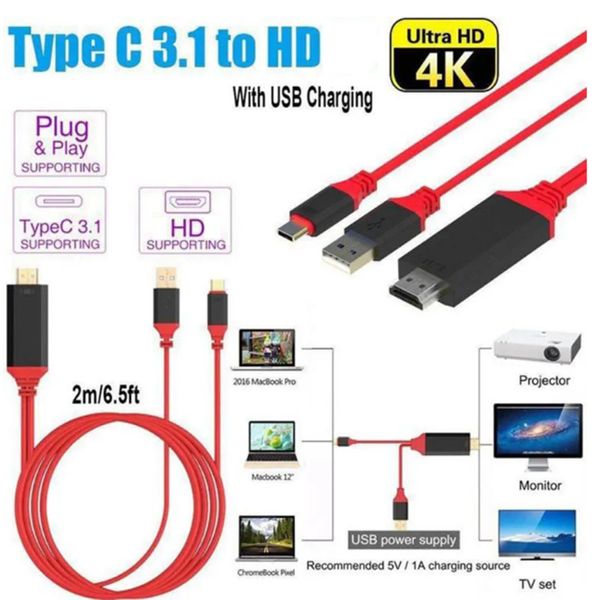 USB 3.1 Tip C ila HD 2m Kablo Adaptör Dönüştürücü Ultra 1080p 4K Şarjlı HDTV Video Kabloları Samsung S10 S20 S20 Huawei Telefonları