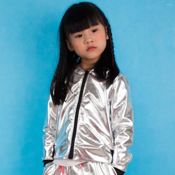 Giacche Primavera Autunno Streetwear Unisex Silver Jacket Stage Performance Wear Paillette Hip Hop Dance Coat Kids For Girls