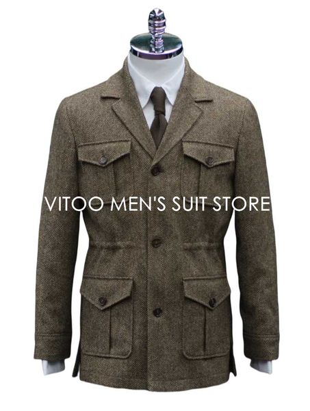 Ternos masculinos Blazers Winter Tweed Herringbone Men Suits/Jaqueta Classic Safari com quatro envelopes de bolso/design exclusivo de roupas casuais