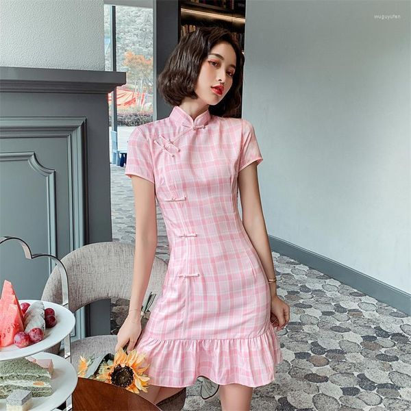 Этническая одежда летняя винтажная решетка довольно розовое платье Чонсам Женский китайский костюм хлопок Qipao Girl