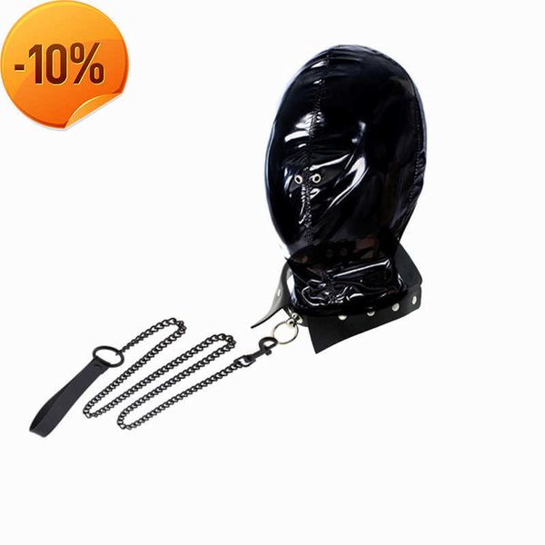 Massagem fetiche bondage Head Hood com luvas de couro brilhante Kit de brinquedos sexuais de colarinho escravo para casais BDSM restrições Acessórios 18+