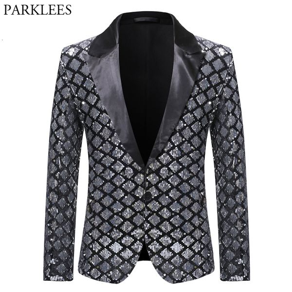 Herrenanzüge Blazer Silber Pailletten Plaid Blazer Jacke Männer Mode Slim Fit One Button Kleid Anzug Blazer Männlich Party Hochzeit Bühne Kostüm Homme 230512