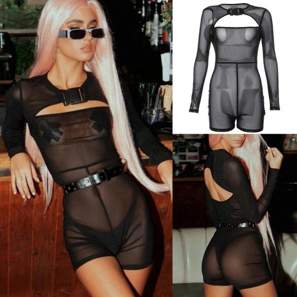 Sarong da donna sexy di marca See Through Sheer Mesh Buckle Playsuit Manica lunga Hollow Out Beach Black Bikini Cover Up