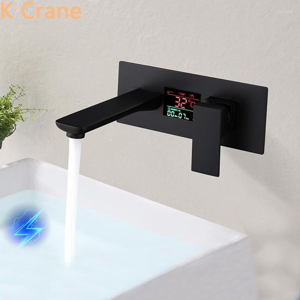 Badezimmer-Waschtischarmaturen, wandmontierter LED-Wasserhahn, schwarzer Wasserhahn und Kaltwassermischer, Grifo, Zweiloch-Einzelgriff, moderne Luxus-Wasserhähne