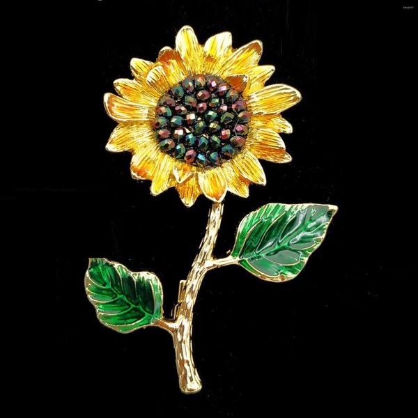 Spille Sparkling Vintage Golden Long Stem AB Strass Girasole Pin Gioielli da lavoro in metallo per San Valentino Festa della mamma