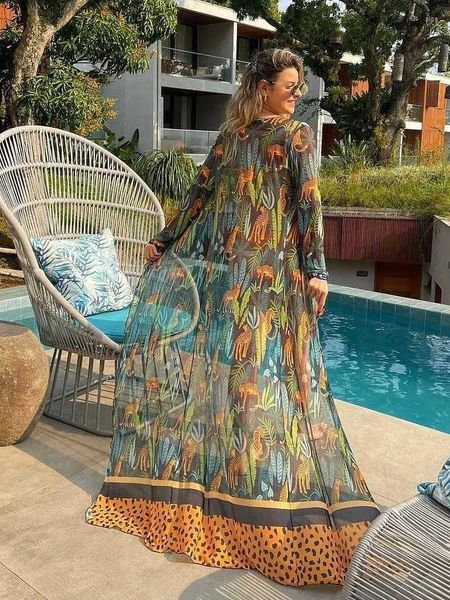 Vestidos casuais leopardo orint drapeed véu malha quimono túnica feminina roupas de verão roupas de manga longa de biquíni vestido praia de praia de praia A2259