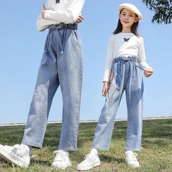 Jeans Ragazze Classico Lavato Blu Adolescenti Morbido Accogliente Vita Elastica Pantaloni Denim Bambini Pantaloni Casual Kid Primavera Attivo 5-12 anni