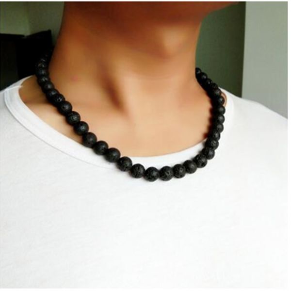 Collana da uomo alla moda 6/8mm pietra lavica nera giallo occhio di tigre girocollo collana di perle di roccia gioielli da uomo collare fatto a mano Dropshipping