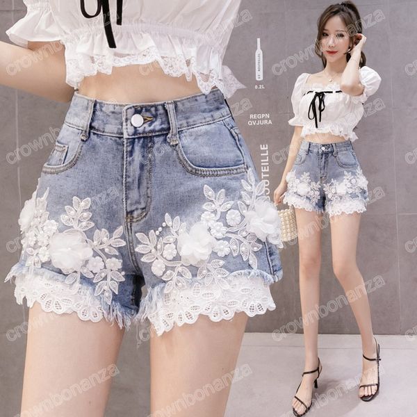 Pantaloncini di jeans con ricamo floreale Hotpants sexy 2023 Jeans corti a gamba larga coreani da donna a vita alta coreani con patchwork in pizzo