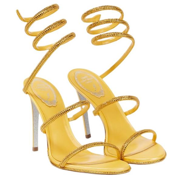 Tasarımcılar Rene Caovilla Stiletto Heels Sandals Cleo Wraparound Kristal Taşıyılmış Sandalet Elbise Ayakkabı Bayanlar Kaymalar Rhinestone çivili ayakkabılar Sandal 35-42 XXOXXX