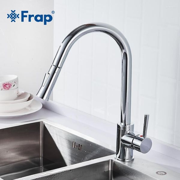 Torneiras de cozinha FRAP FRAP Modern Simplicity Torneira Brass Pull Pull Handle Somution Chrome Duas maneiras de salvar spray de saída de água TAP Y40075