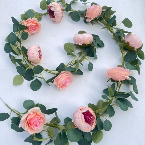 Flores decorativas 2m 2m Peony Rose Vine Camellia Money Leaf Amazon Eucalyptus Rattan Wedding Home Decoration