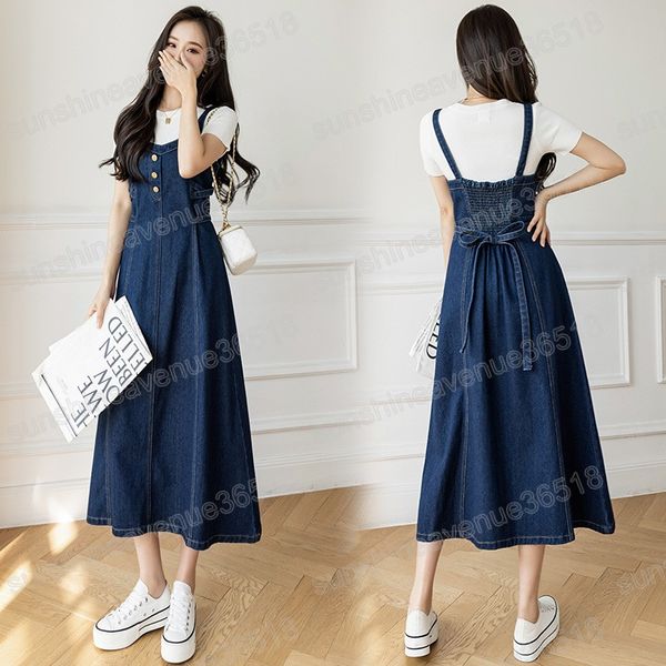 Frühling Sommer Frauen Jeans Kleid Große Größe Koreanische Ärmellose Denim Overalls Kleider Frau Mode Bogen Schärpen Hosenträger Midi Kleid