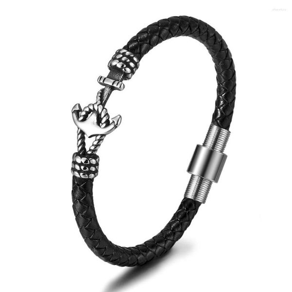 Braccialetti con ciondoli ZG Bracciale da uomo Stile vintage Acciaio inossidabile Pelle intrecciata a mano Corda ancora Titanio Bracciale gioielli maschili