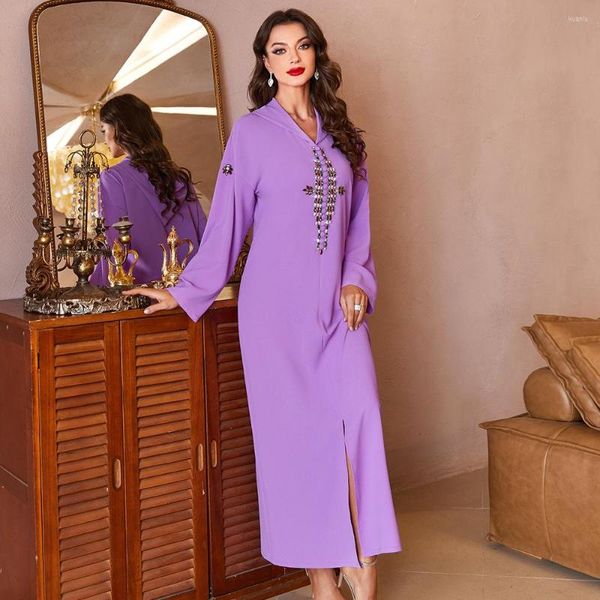 Vestidos casuais 2023 Chegada Dubai Kaftan Rose Com capuz de mão roxa de costura de costura, vestido de diamante árabe feminino em todo o mundo em todo o mundo