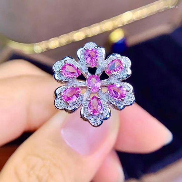 Anelli a grappolo Fiore Anello con zaffiro rosa Naturale e vero argento sterling 925 Fine gioielli lavorati a mano Dito