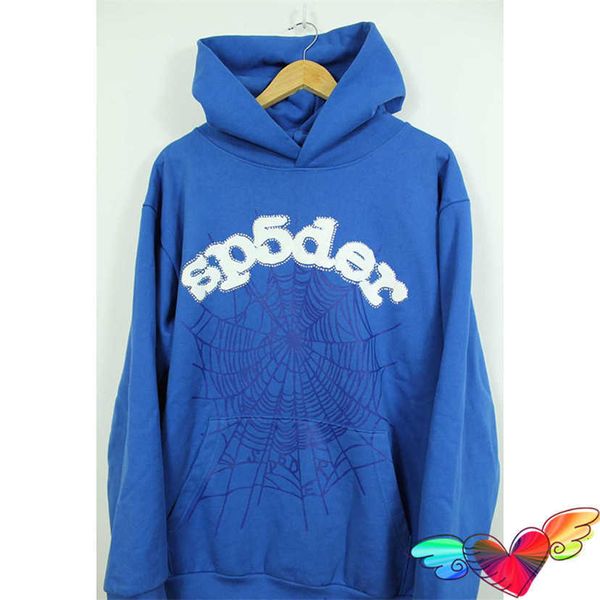 Herren Hoodies Fashion Sp5der 555555 Sweatshirts Designer 2023 weißer Schaumdruck-Hoodie und Männer Frauen Web Graphic 1 junge Bandit-Spinne locker geschnittene blaue Pullover