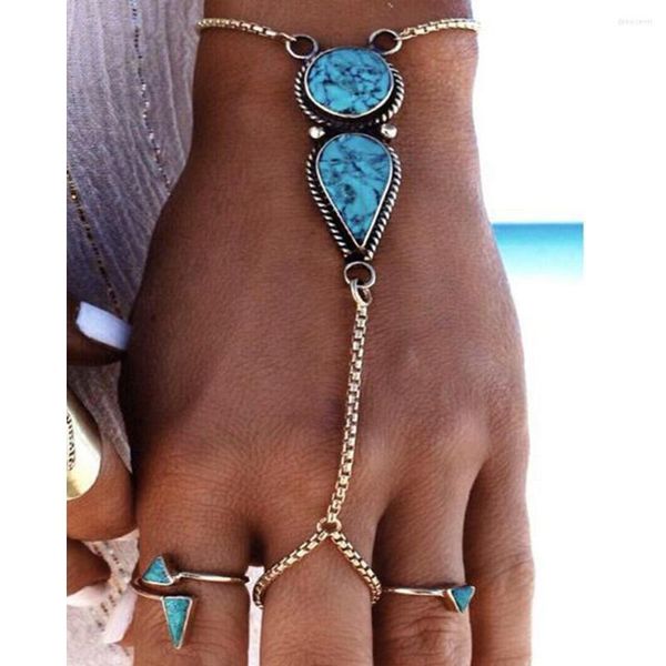 Braccialetti di collegamento Moda Donna Turchese Geometric Toe Ring Bracciale Simi Yafeng Beach Lega vintage nazionale a catena a dito