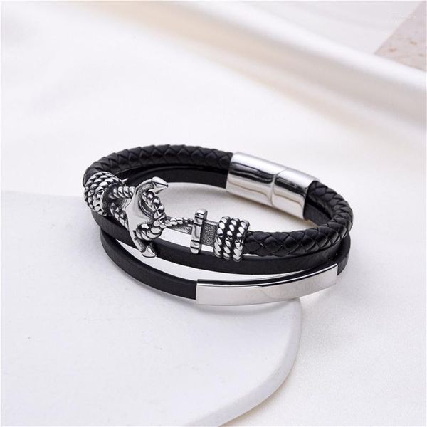 Bangle Fashion Black Multilayer Leather Bracelet Мужчины из нержавеющей стали якорь -магнитная застежка петля Braind Bangles Jewelry