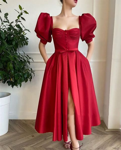 Neue rote Abendkleider, formelles Abschlussball-Partykleid, A-Linie, quadratisch mit kurzen Ärmeln, knöchellang, Schleifentaschen, Satin, Übergröße, vorne/seitlich geteilt